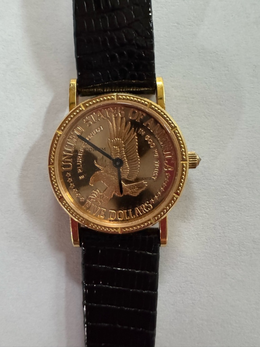 Gold Coin Dial Wristwatch with Black Lizard Strap. Corum 1986 $5 gold coin.